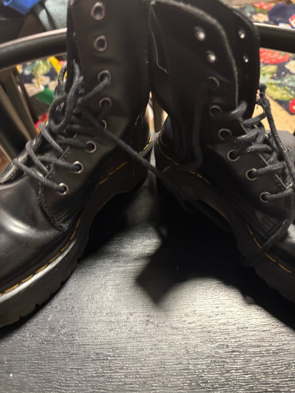 Dr. Martens Black Leather Lace-Up Combat Boots with Yellow Stitching